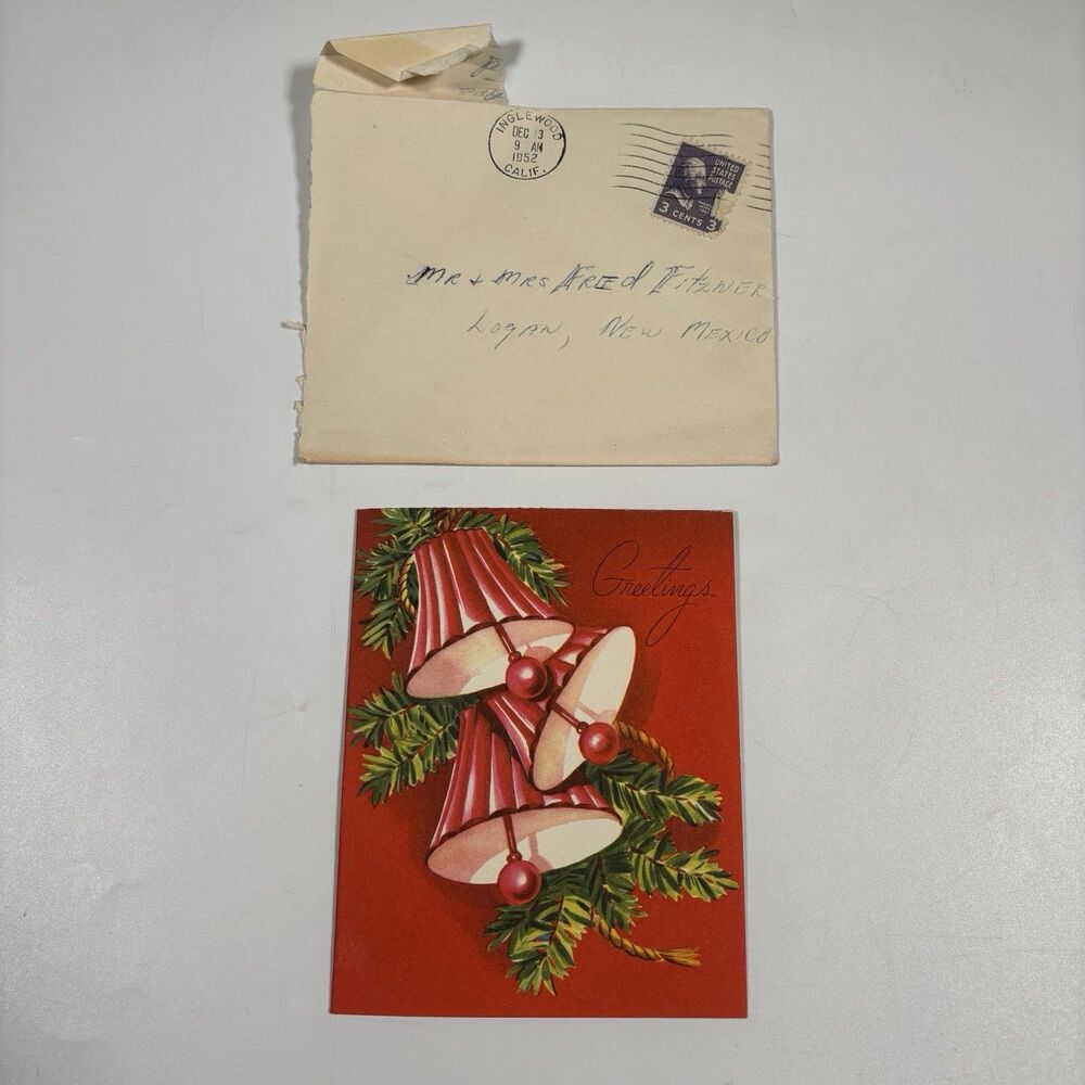 Embossed A-Meri-Card Christmas Bells Greeting Card w/ Envelope 1952 MCM Stamp
